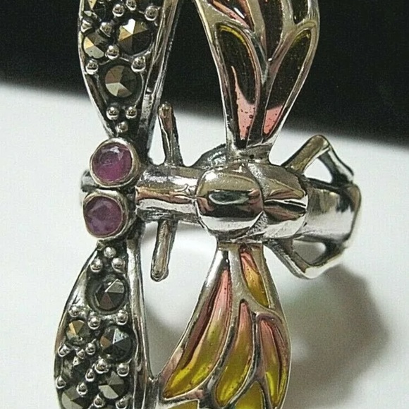 Dragonfly ring sterling silver marcasite and plique a jour Art Deco style new - Picture 6 of 9